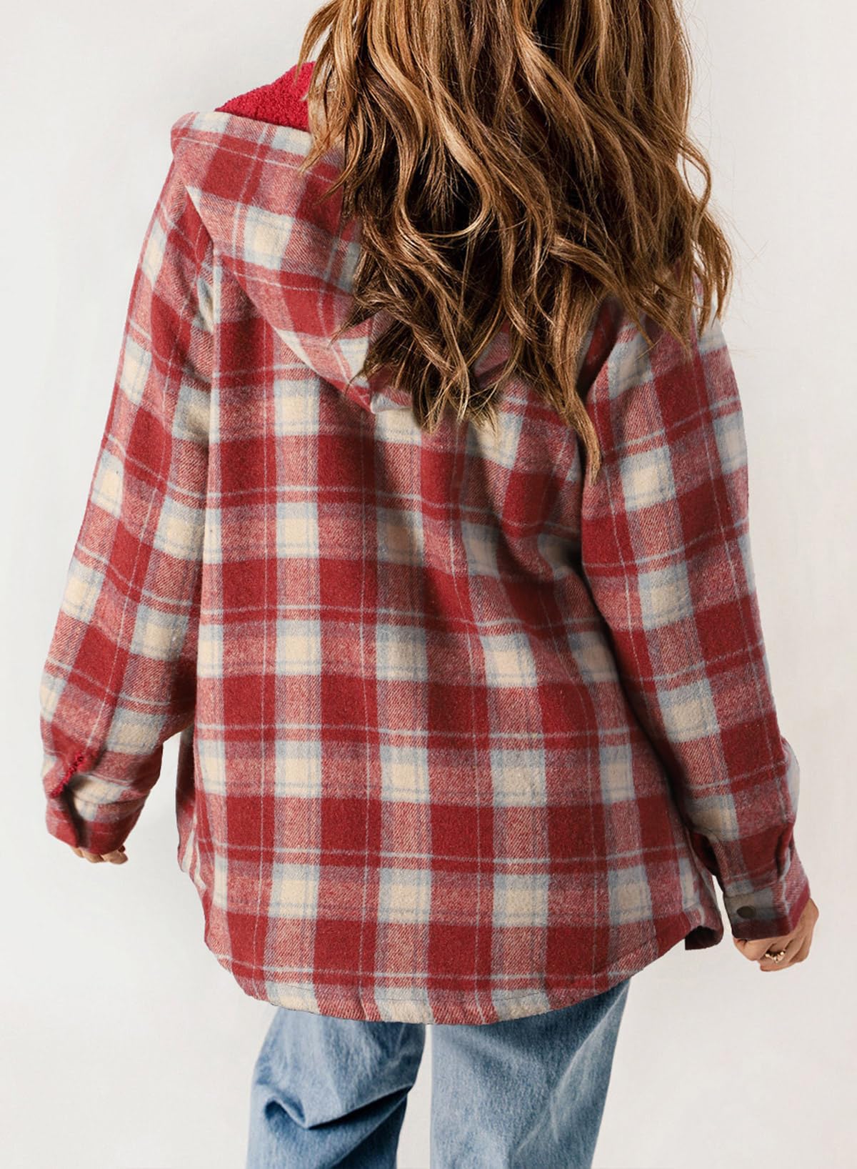 ⏰Hot Sale-Women's Plaid Long Sleeve Button Fleece Hooded Jacket