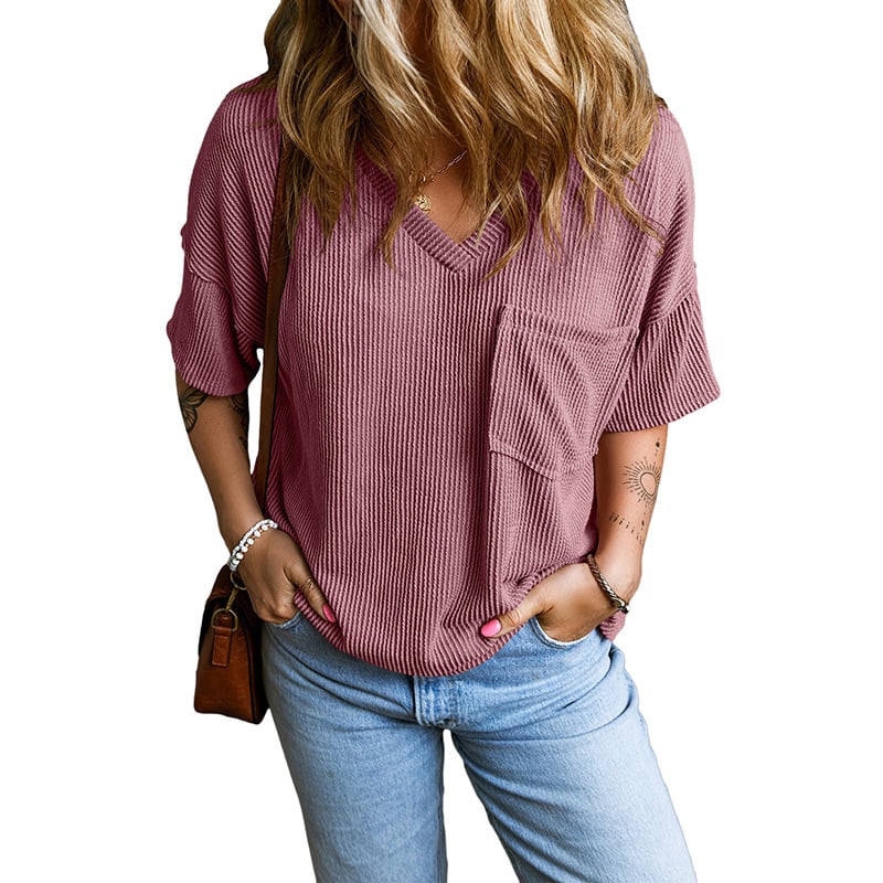 Womens Short Sleeve Ribbed Tops Causal V Neck Oversized T