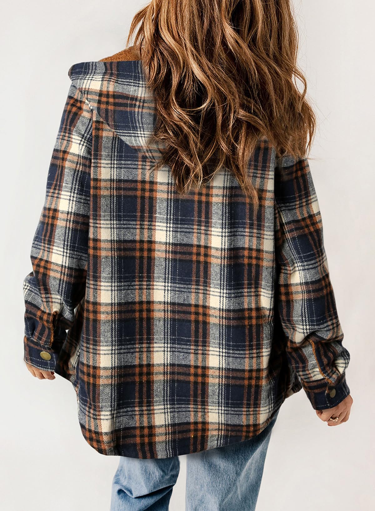 ⏰Hot Sale-Women's Plaid Long Sleeve Button Fleece Hooded Jacket