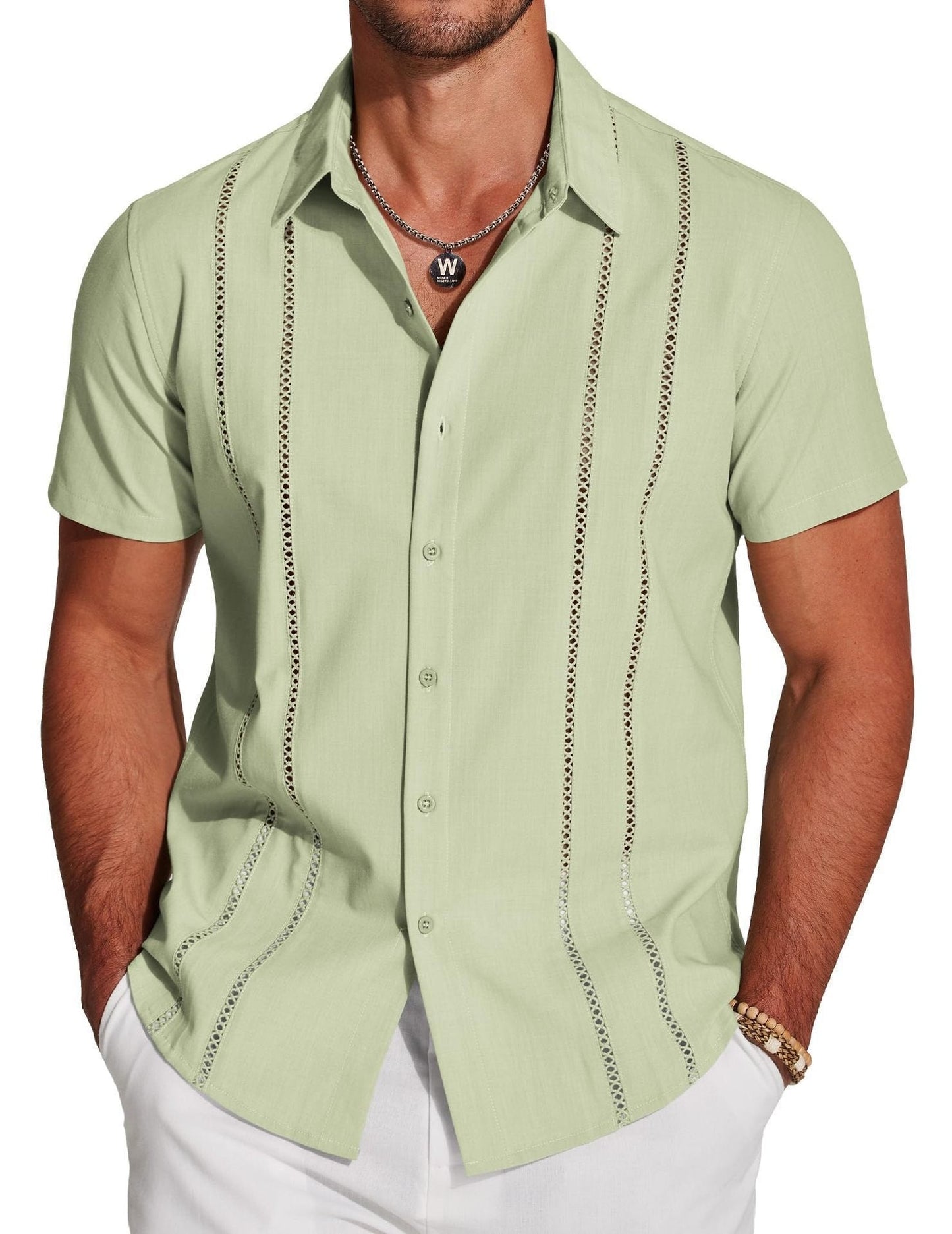 Men's Cuba Guayabera Exquisite Hollow Embroidered Button Front Shirt