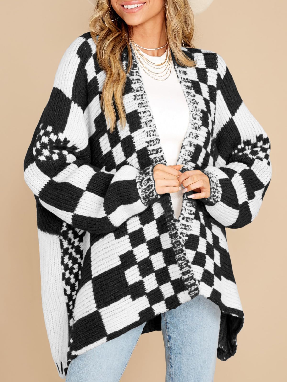 Womens Checkered Sweater Color Block Plaid Cardigans