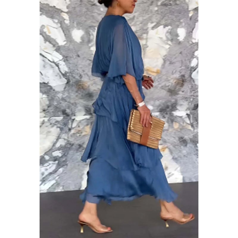 💐 Elegant layered dress with V-neckline, wrap around waist and tie