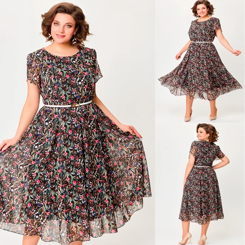 💃Floral chiffon dress with delicate white belt