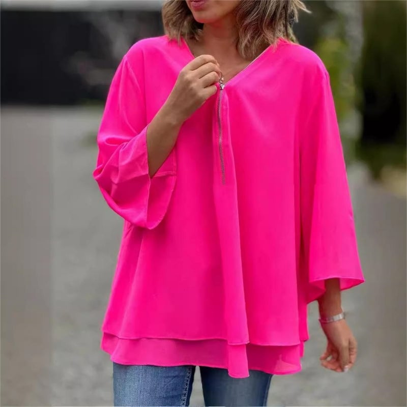 💗 Women's double layered top with V-neck and soft zipper closure