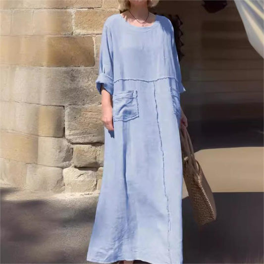 💕Casual Breathable Solid Color Round Neck Dress