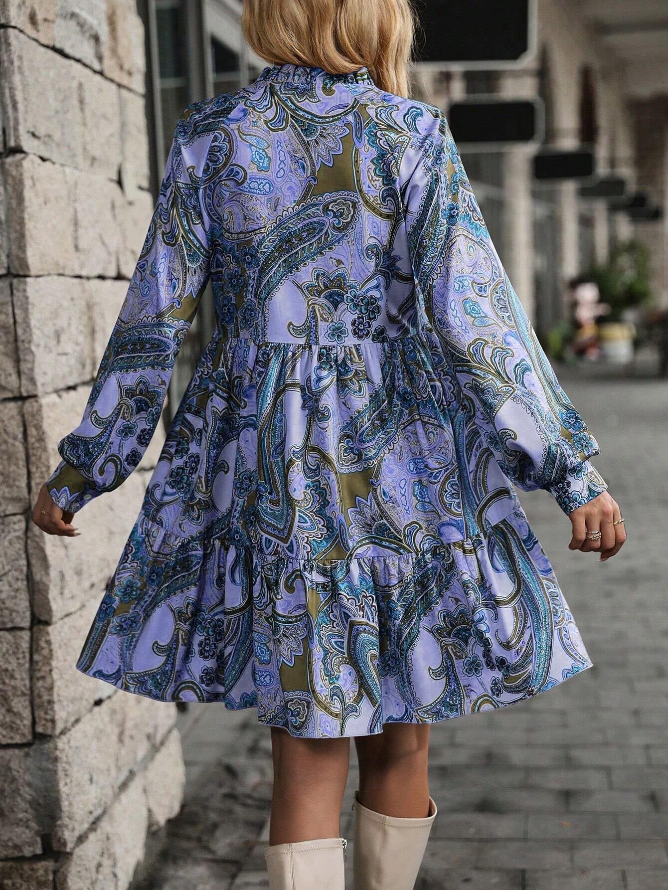 Women's Paisley Print Lantern Sleeve Ruffle Hem Smock Dress
