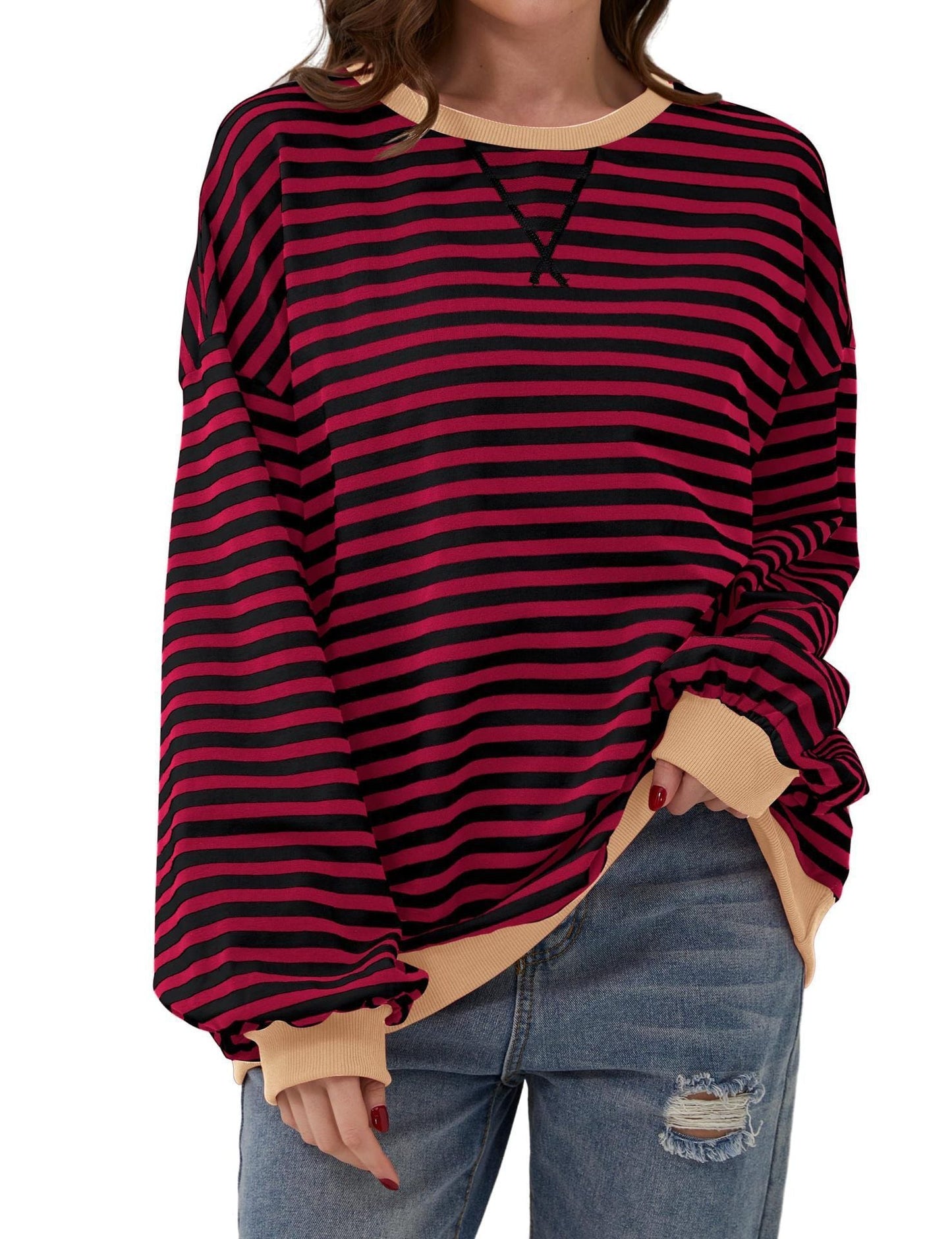 WOMEN'S OVERSIZED STRIPED LONG SLEEVE PULLOVER