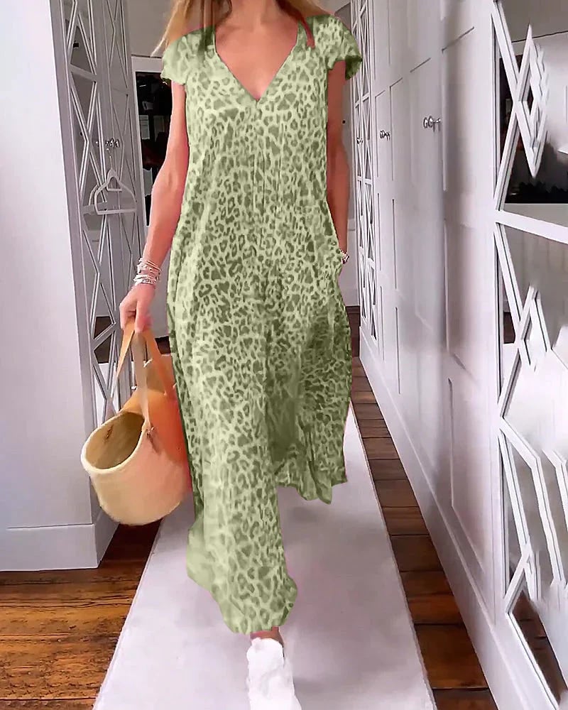 🔥V-Neck Printed Short-Sleeved Long Dress