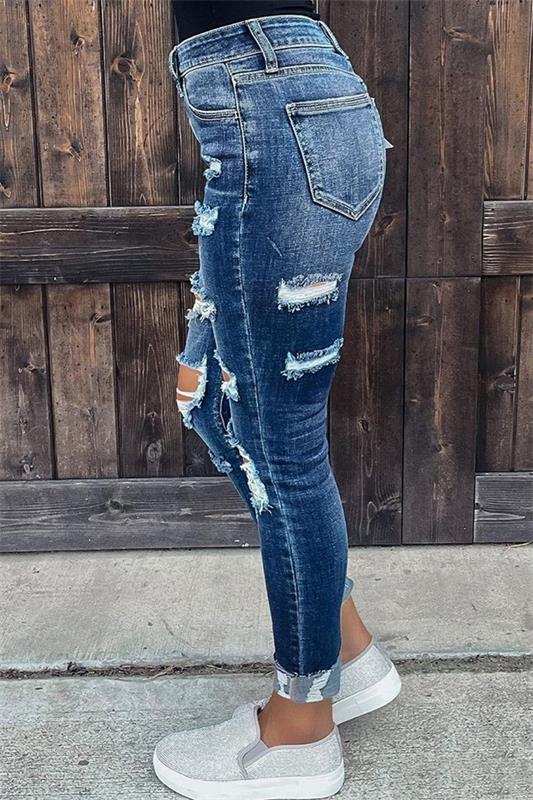 Ripped Rolled Hem Mid Waist Skinny Jeans