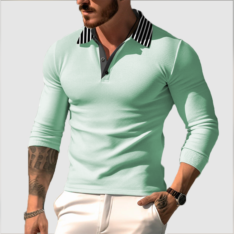 Men's striped lapel sports casual top T-shirt