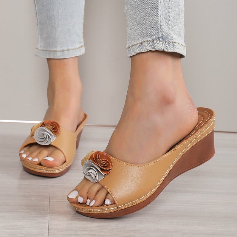 Women's Comfy Leather Solid Flower Strap Wedge Sandals