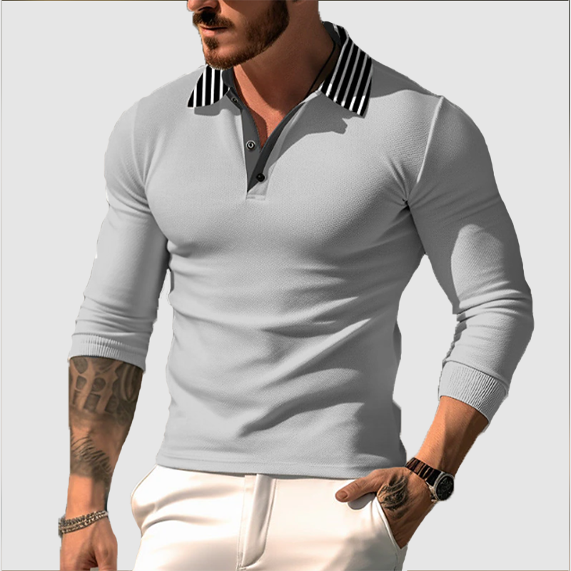 Men's striped lapel sports casual top T-shirt