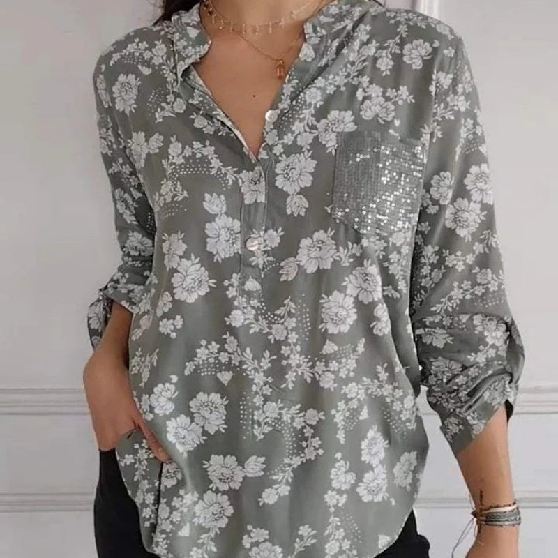 🌸 Women's Floral Print Long Sleeve Blouse with Sequin Pocket