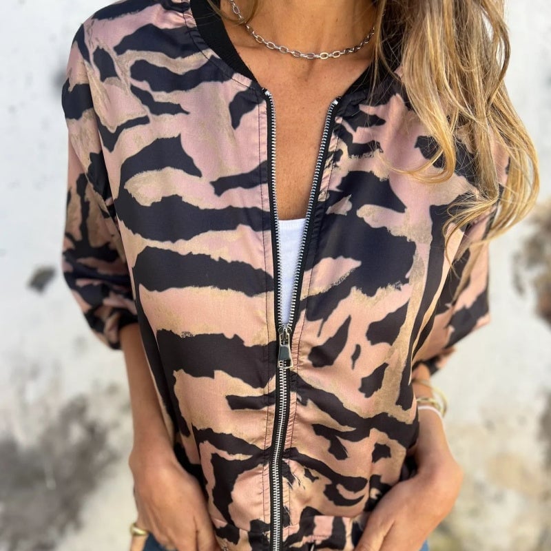 🌸 Women's Fall Zebra Print Zipper Bomber Jacket