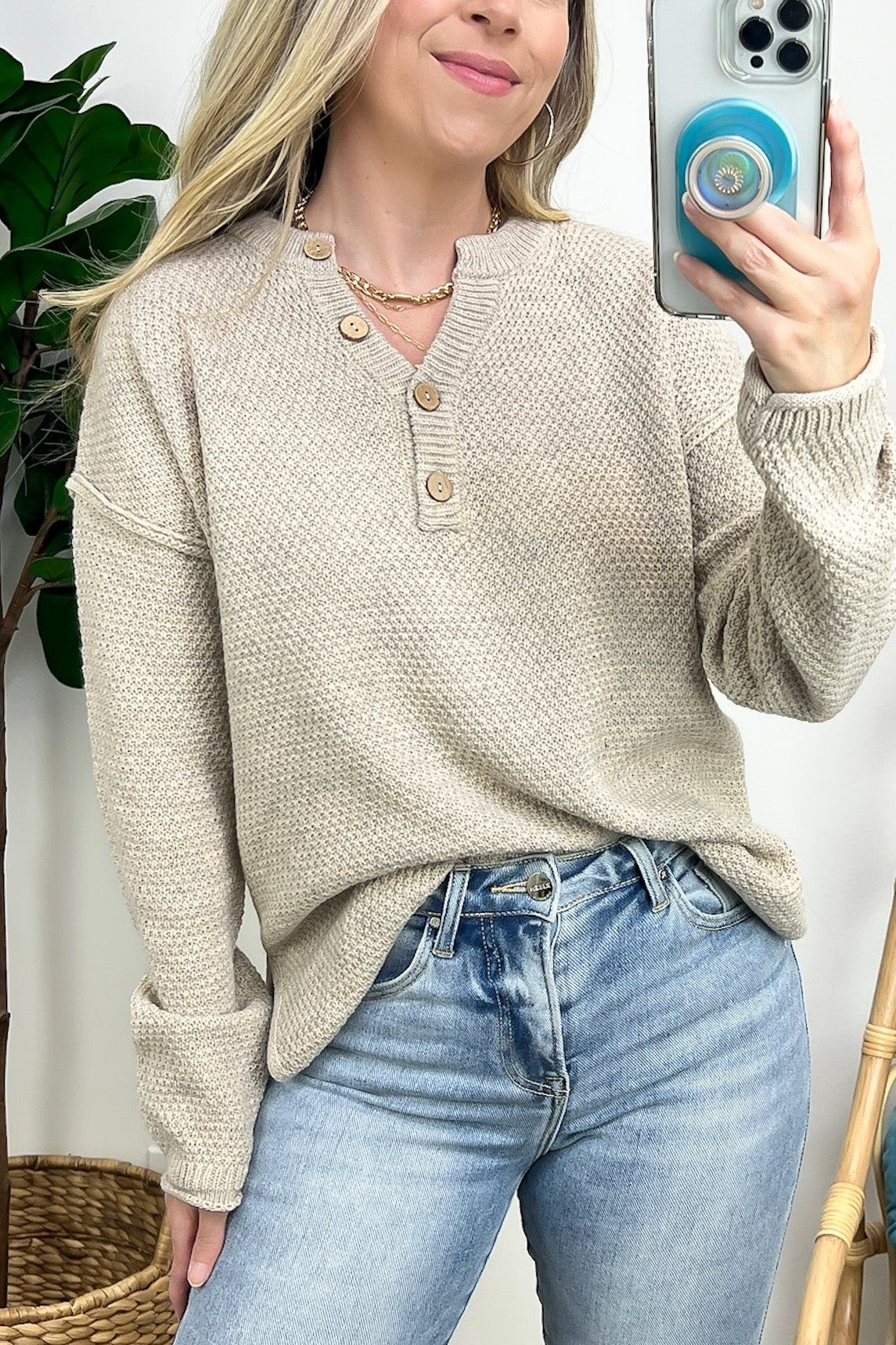 HOT SALE Half Button Henley Knit Sweater