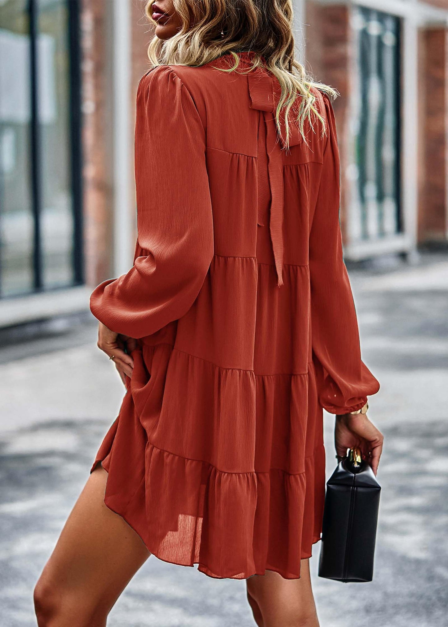 Womens Casual Long Sleeve Mock Neck Ruffle Tiered Babydoll Dress