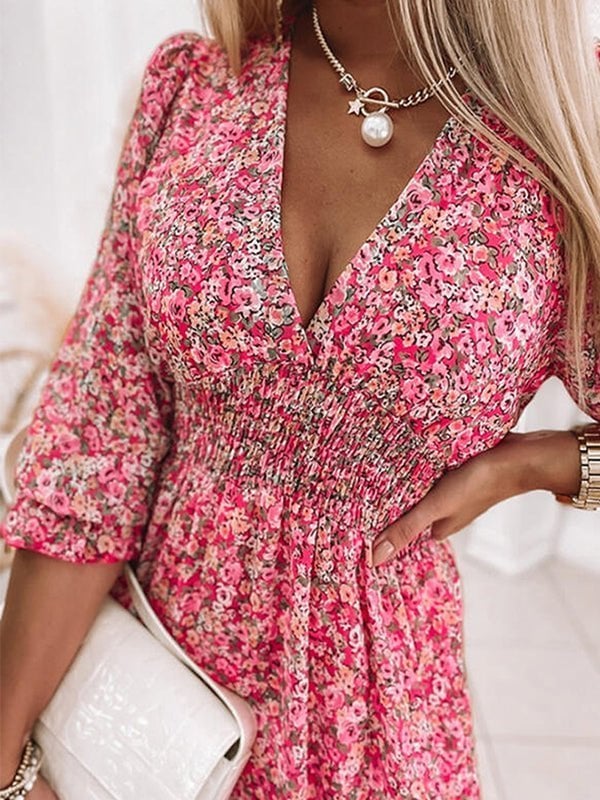 V-Neck Pleated Floral Print Mini Dress