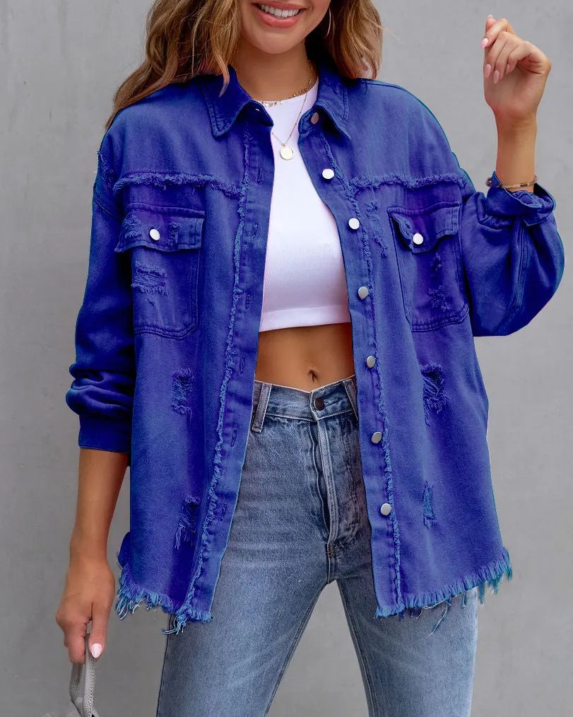 Women's Basic Casual Ripped Denim Jacket