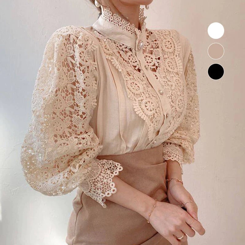 Hollow Floral High Neck Blouse