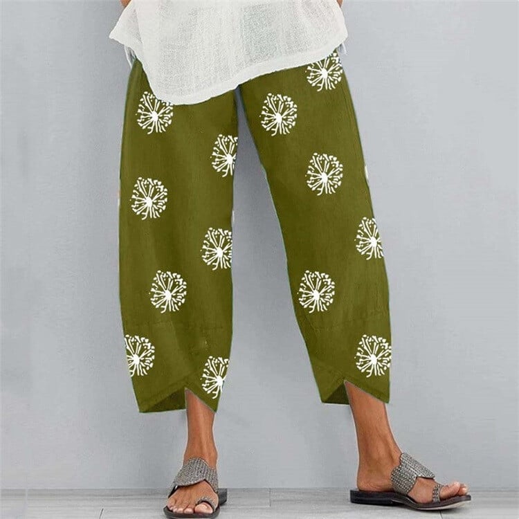 Women Printed Cotton Linen Wide Leg Drawstring Waist Capris Crop Pants