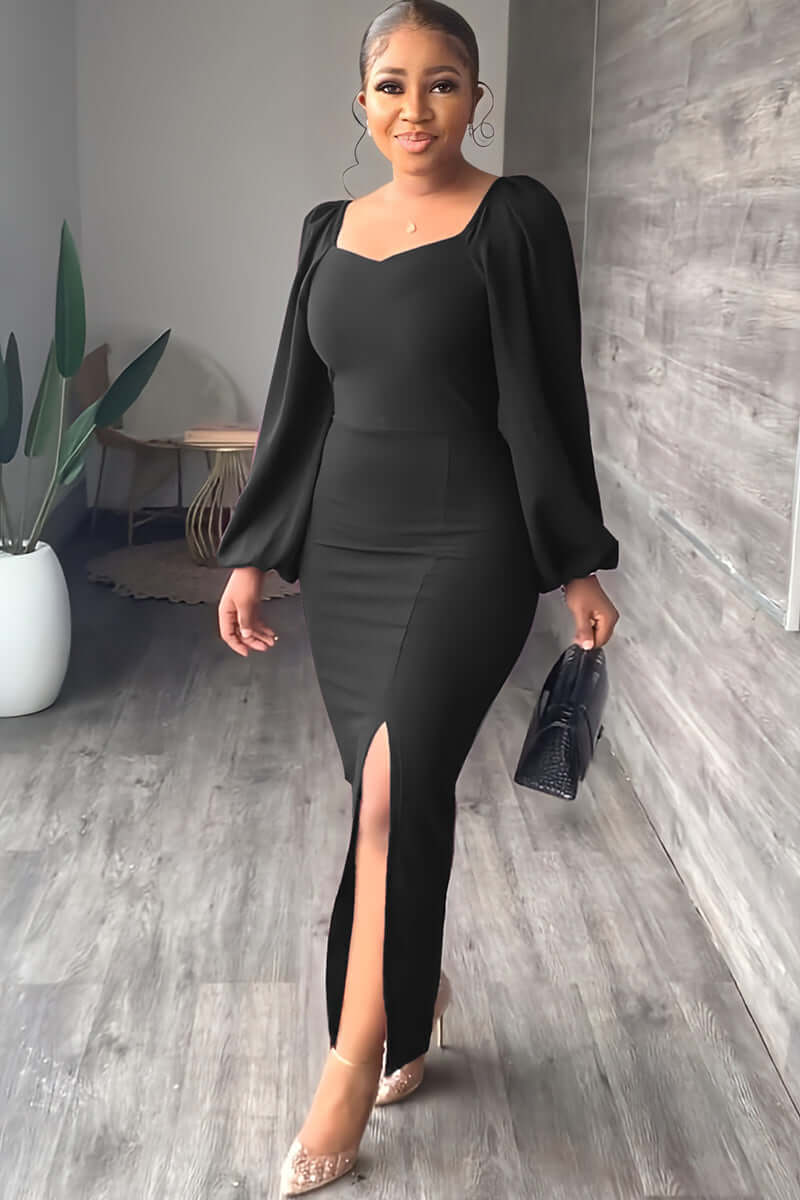 Long Sleeve Square Neck Slit Maxi Dresses Lady's Wardrobe Essentials