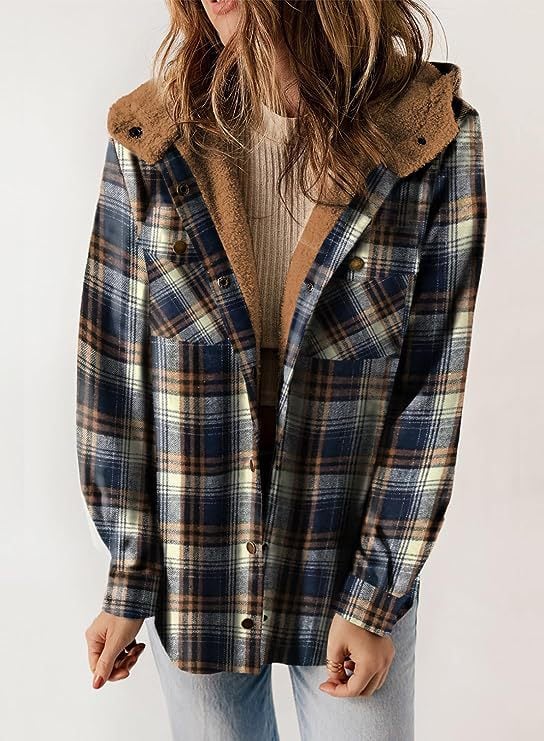 Women's Autumn/Winter Plaid Jacket Long Sleeve Buckle Wool Hooded Jacket Warm Coat