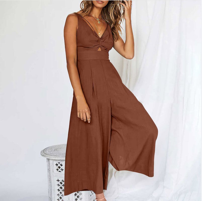 V Neck Cutout High-Waist Jumpsuits