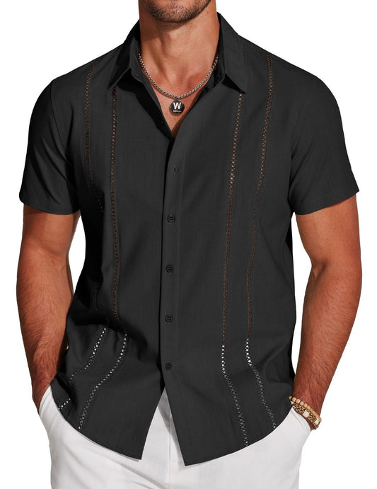 Men's Cuba Guayabera Exquisite Hollow Embroidered Button Front Shirt