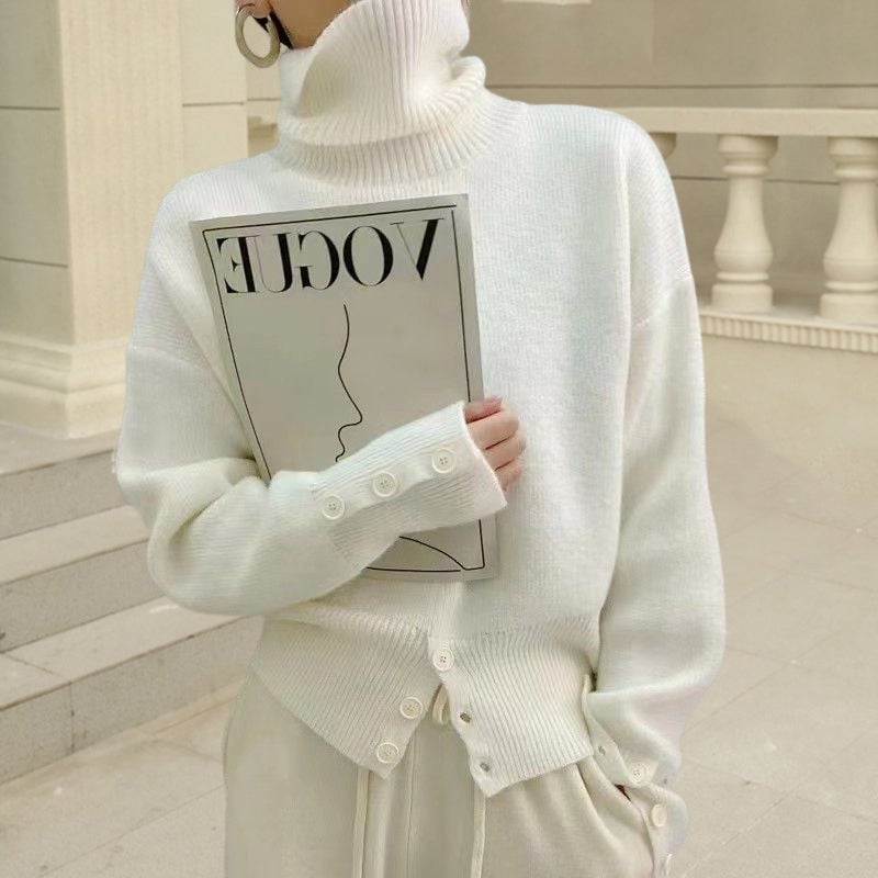 Women's Solid Color Turtleneck Sweater with Buttons