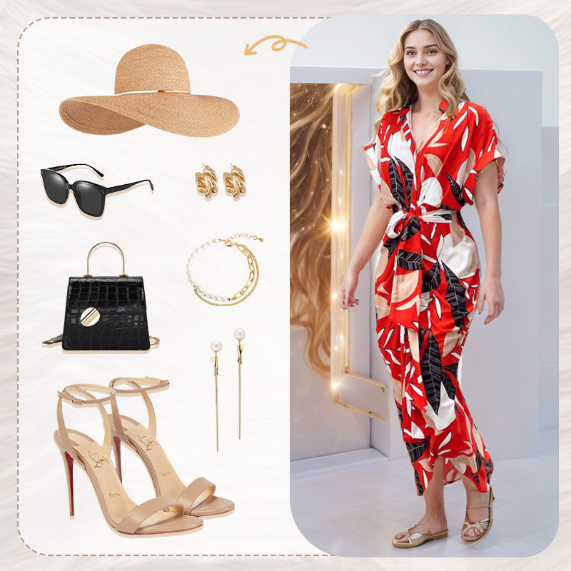 🔥Printed Waist Cinching Shirt Dress