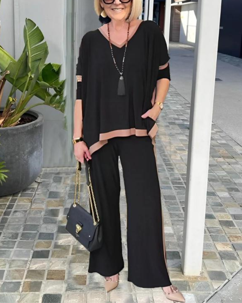 ⏳Summer V-neck patchwork 3/4 sleeve two-piece suit