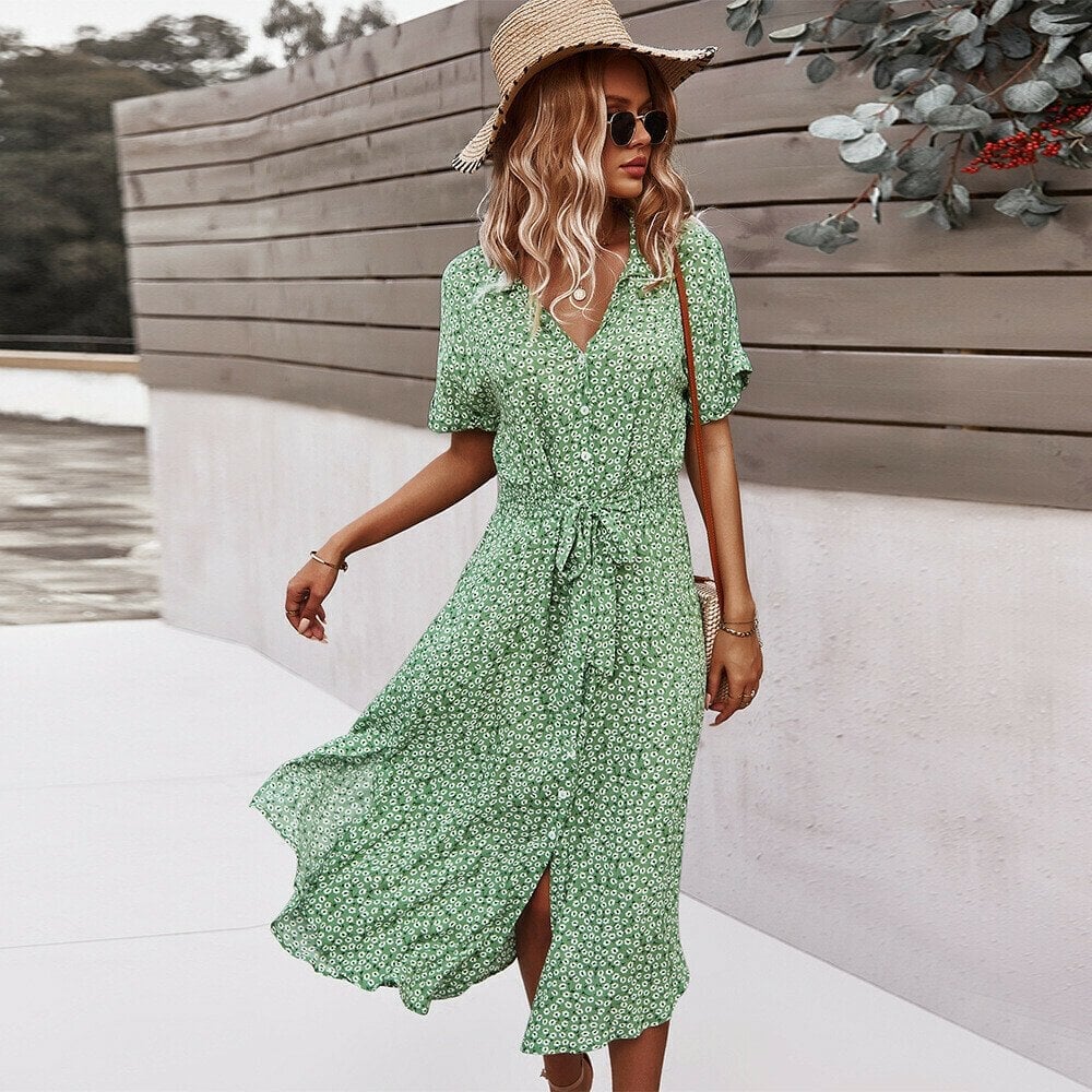 Floral Print Lapel Button Knotted Short Sleeve Dress