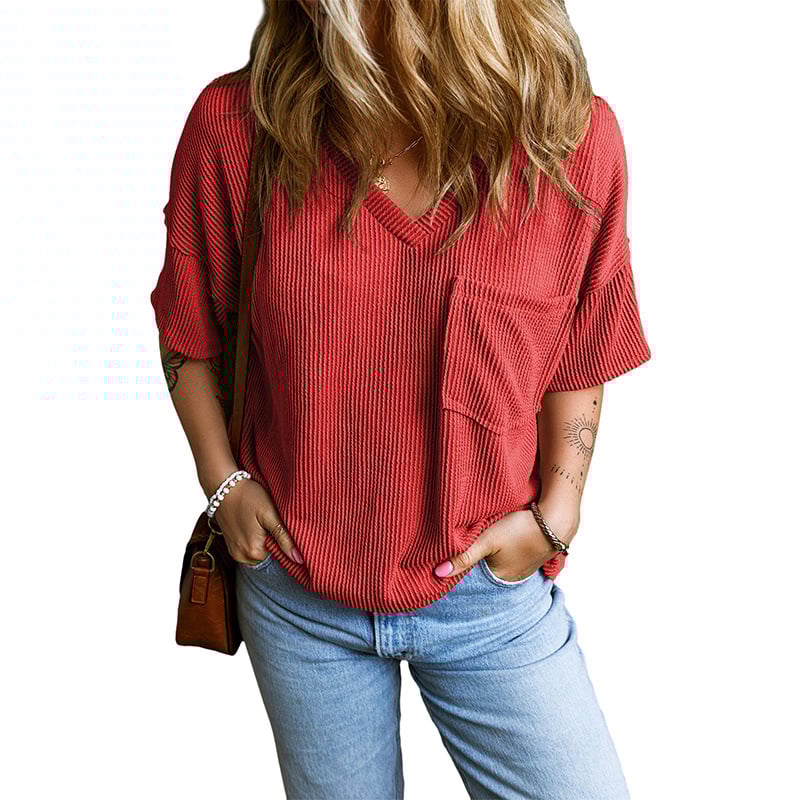 Womens Short Sleeve Ribbed Tops Causal V Neck Oversized T