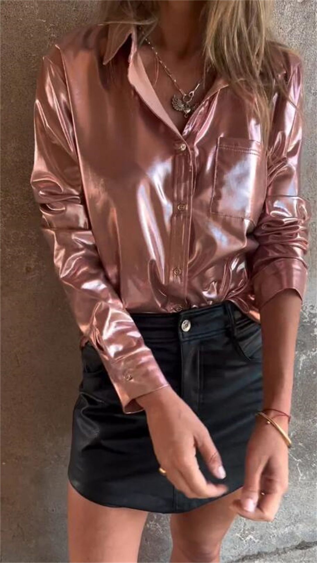 Lapel Long Sleeve Lustrous Shirt