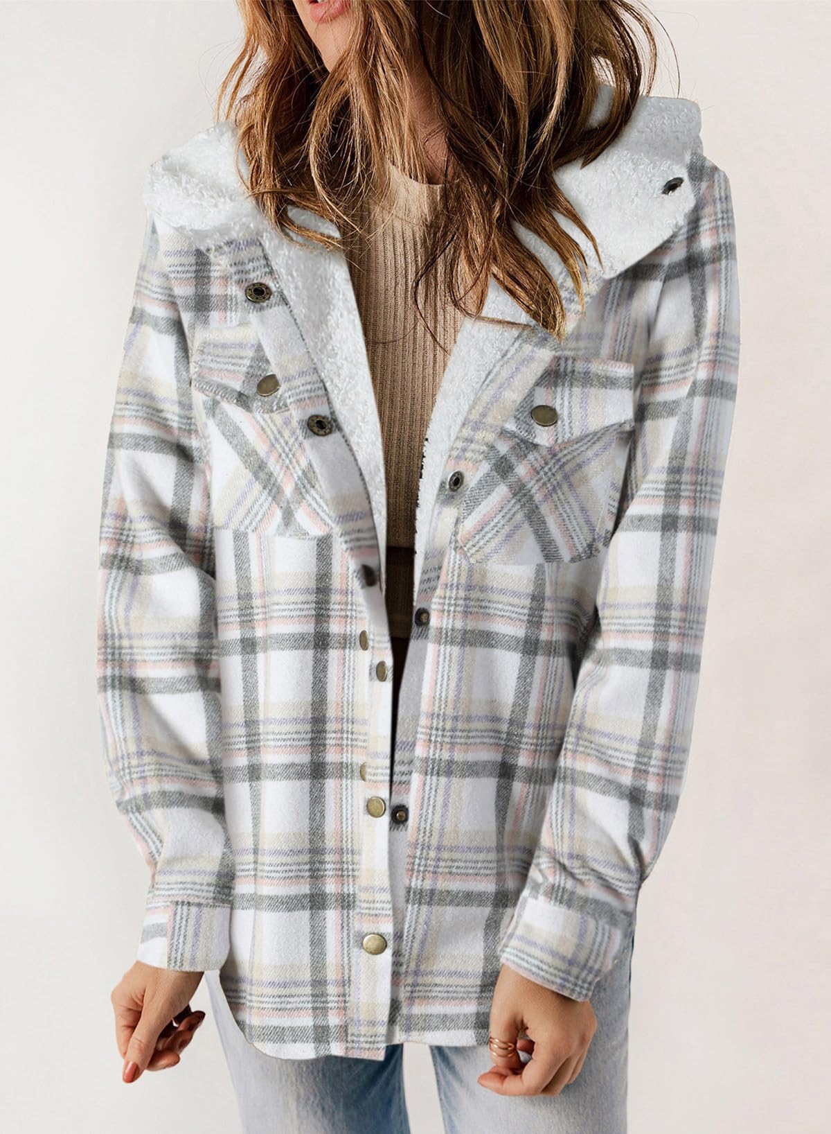 ⏰Hot Sale-Women's Plaid Long Sleeve Button Fleece Hooded Jacket