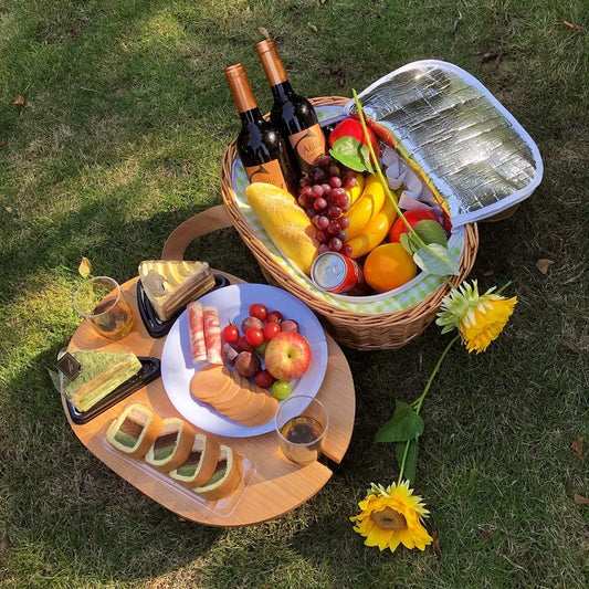 insulated wicker picnic basket with foldable wine table and tableware service set
