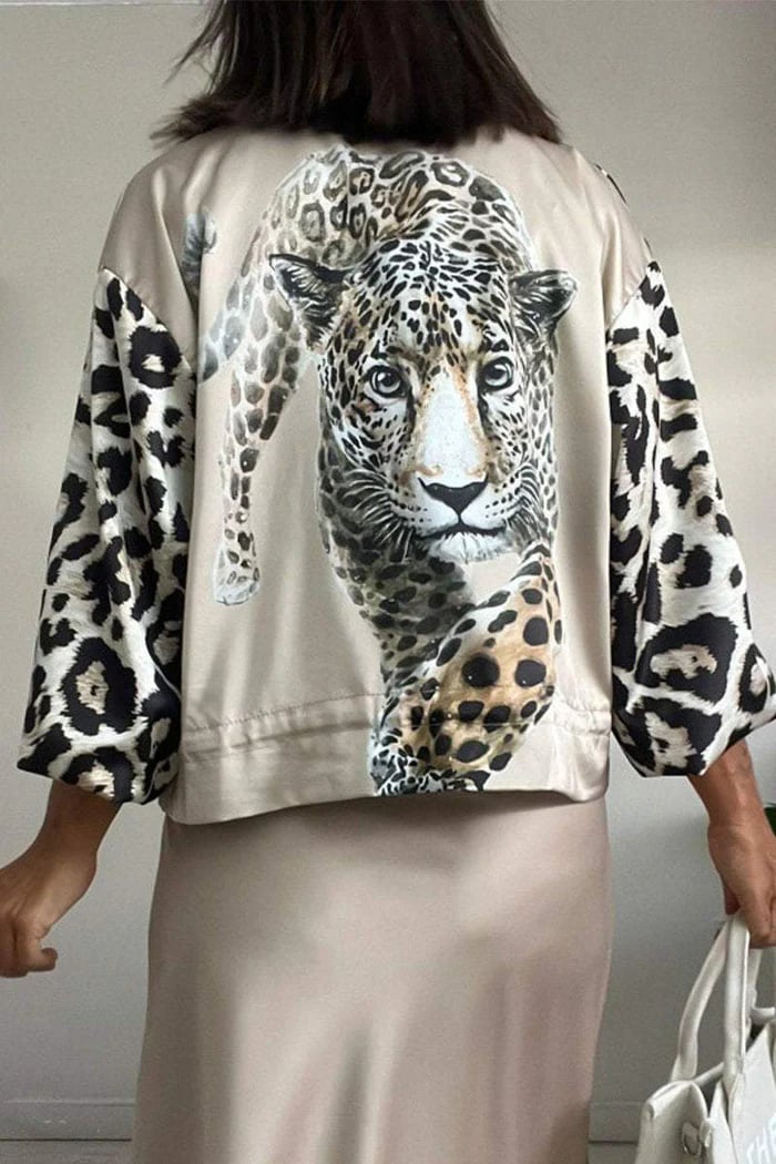 Leopard Unique Print Zipper Drawstring Hem Bomber Jacket
