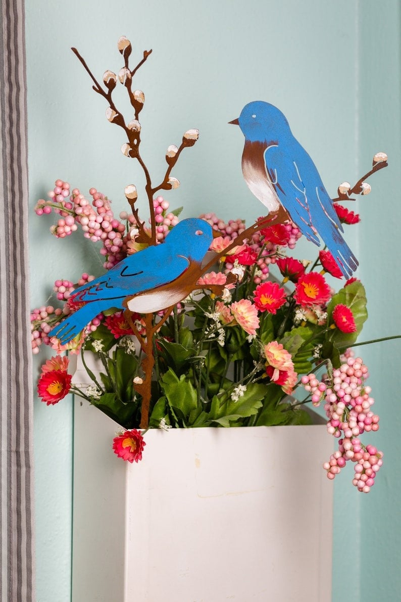 Hand Painted Metal Bluebirds on Spring Willow Garden Stake