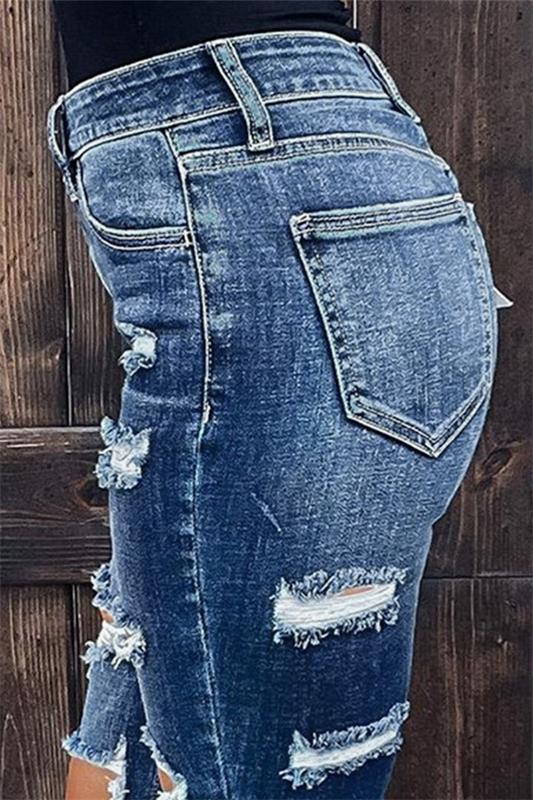 Ripped Rolled Hem Mid Waist Skinny Jeans