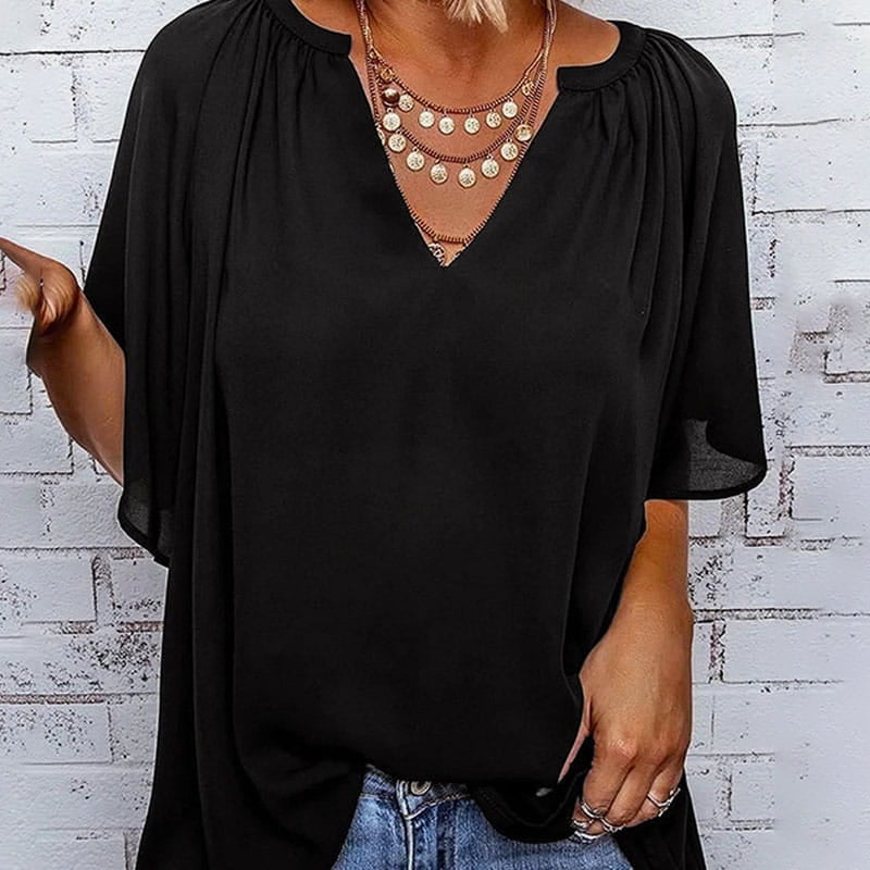 💖Summer top for women with batwing sleeves and V-neck, solid color