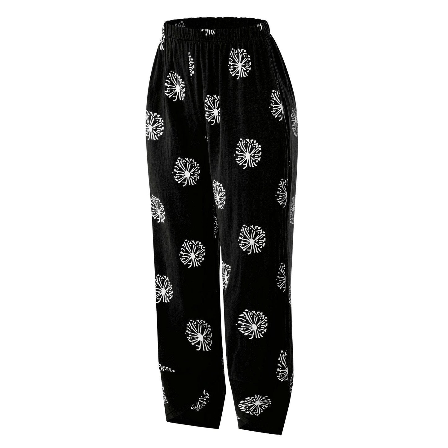 Women Printed Cotton Linen Wide Leg Drawstring Waist Capris Crop Pants