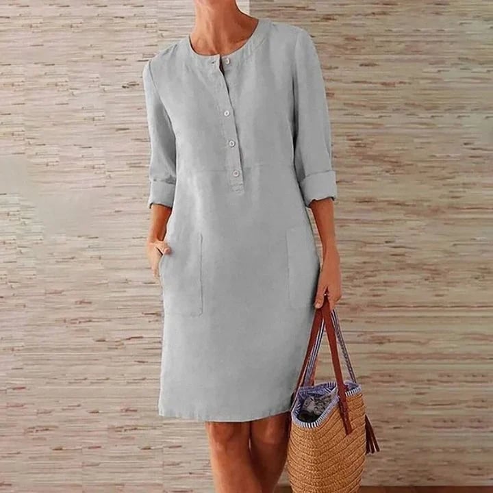 Pure Color Casual Cotton And Linen Round Neck Dress