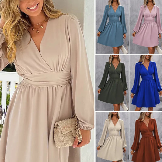 Women's Fashion Wrap V-Neck Empire Waist Lantern Sleeve Dress