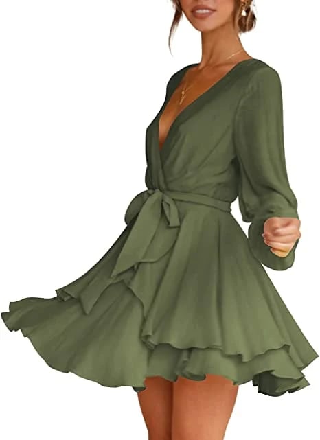 🔥V-Neck Waist Tie Ruffle Mini Swing Skater Dresses❤️