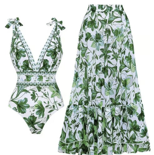 V Neck Lace Up Strip Plant Prints One Piece Swimsuit and Skirt/Sarong