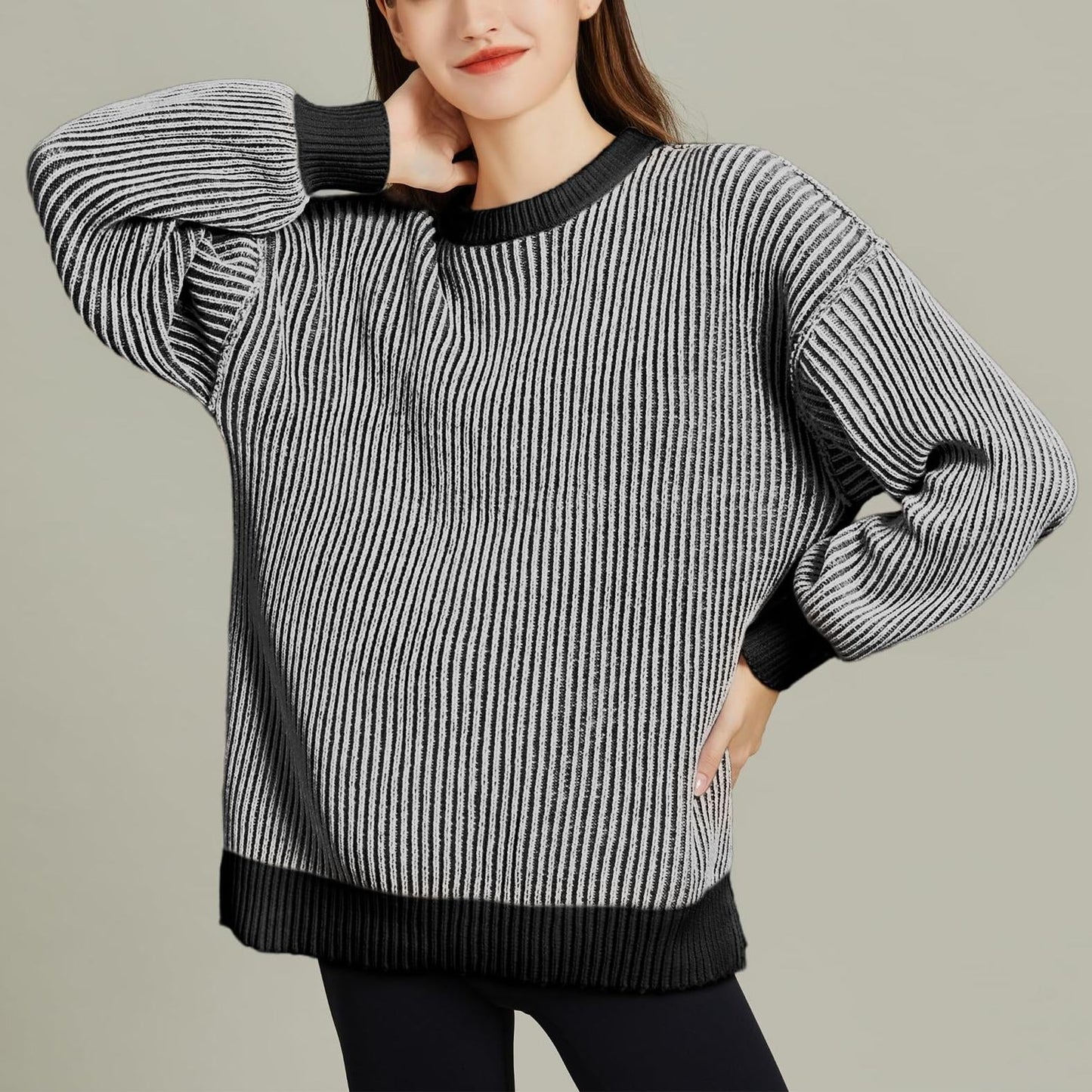 Women Striped Round Neck Rib Knit Blouse Sweater