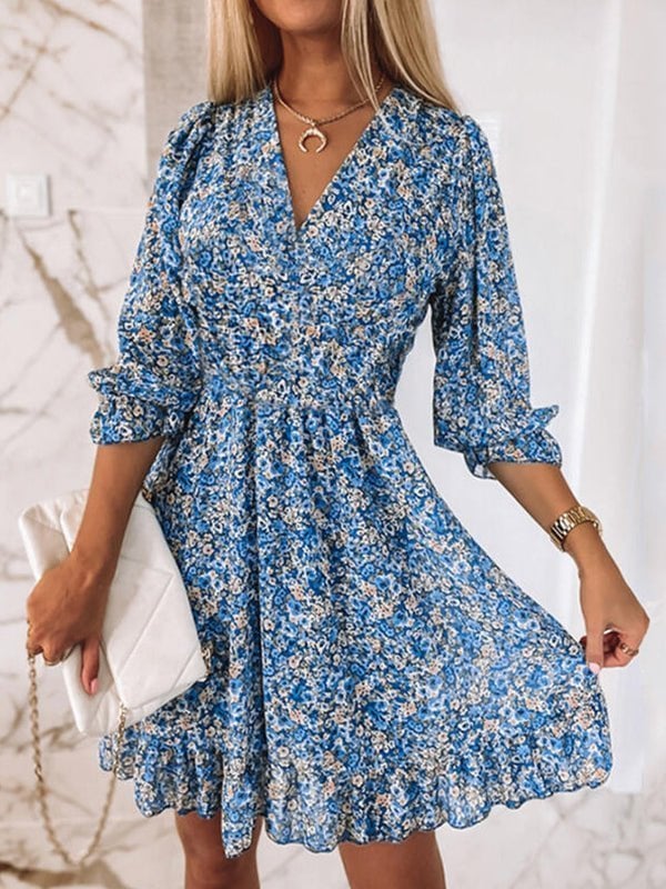 V-Neck Pleated Floral Print Mini Dress
