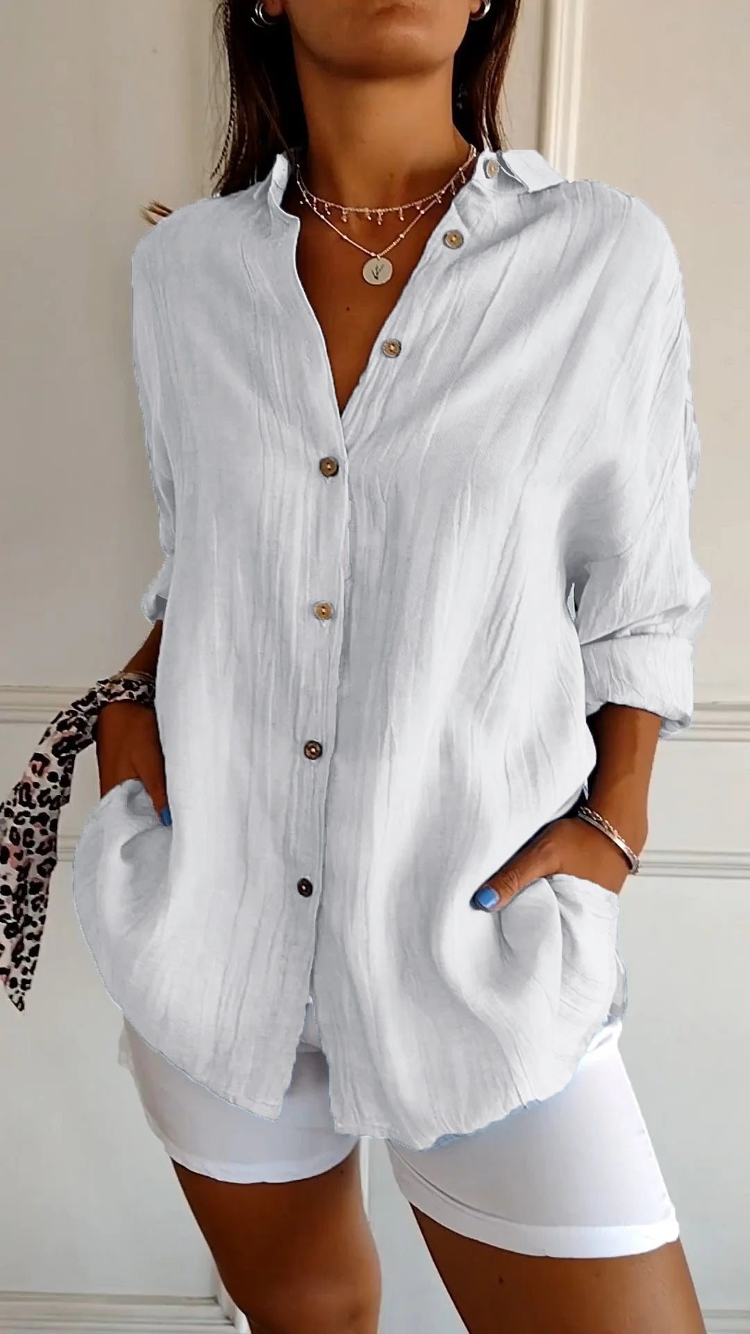Women's Cotton and Linen Casual Single-Breasted Pleated Lapel Shirt