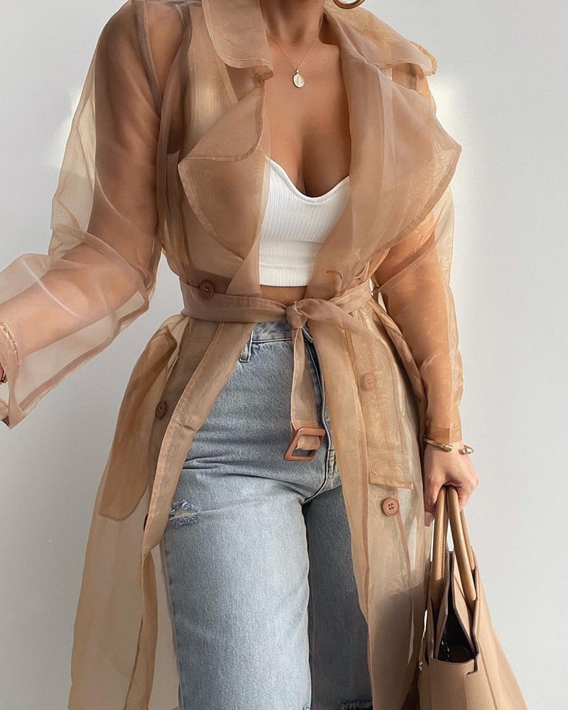 Sheer Mesh Long Sleeve Transparent Jacket Coat Buttoned Longline Trench Coat with Belt