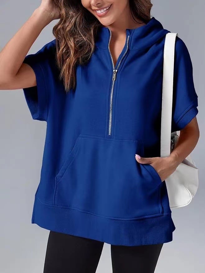 🔥Oversized Casual Half Zip Short Sleeve Pullover Tops with Pockets